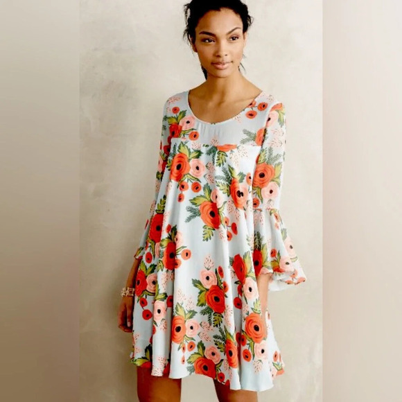 Rifle Paper Paper Crown Anthropologie Floral Blue MIDI Bell sleeve Dress SP - Picture 3 of 16